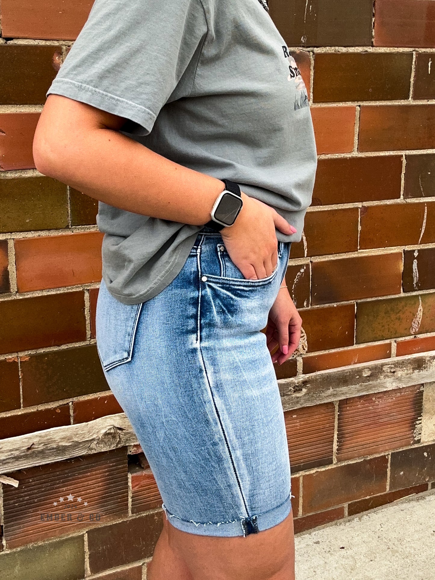 High Rise Long Denim Shorts