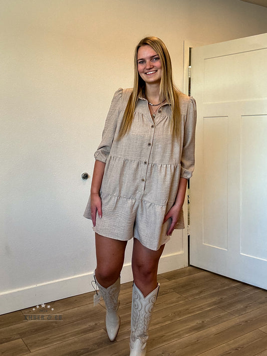 Quarter-Sleeve Button Romper
