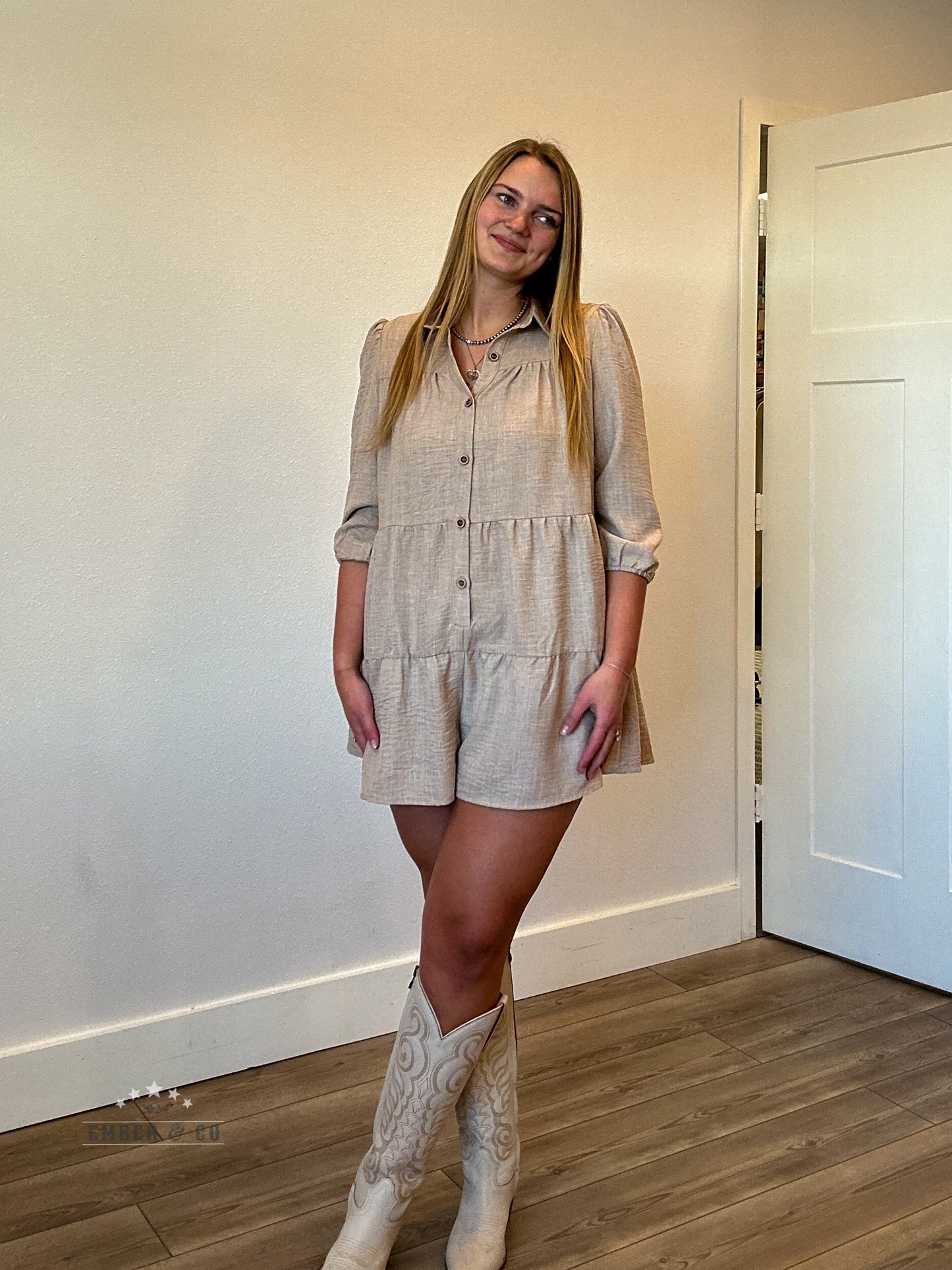 Quarter-Sleeve Button Romper