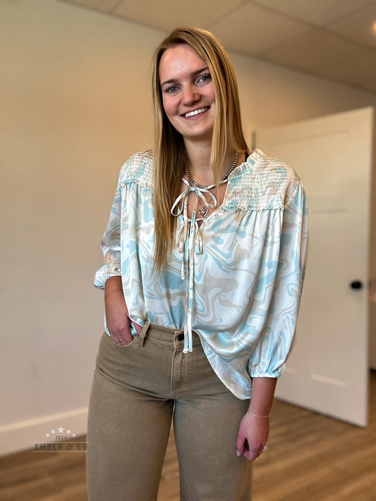 Marble Satin Ruffle Blouse