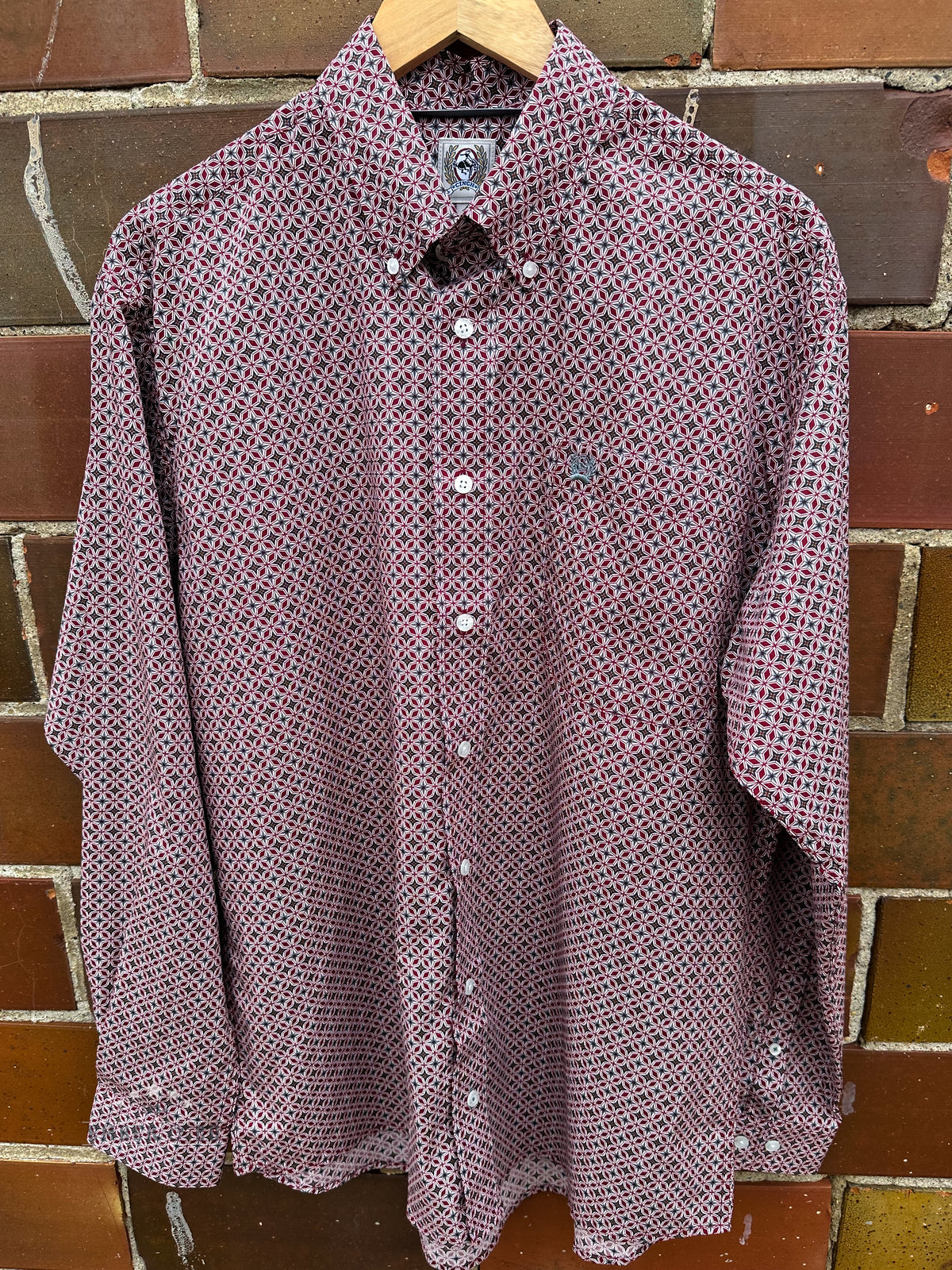 Men's Burgundy Star Print LS Button-Up
