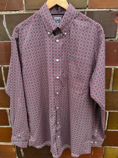 Men's Burgundy Star Print LS Button-Up