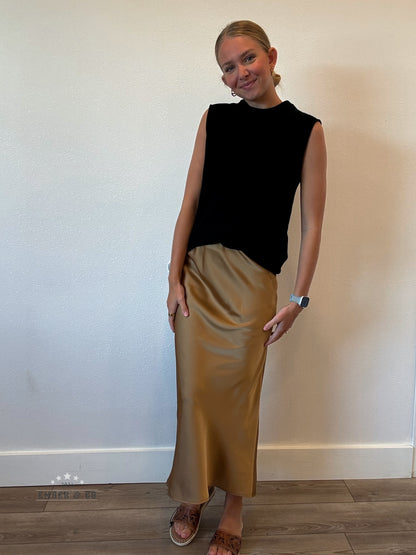 Caramel Satin Midi Skirt