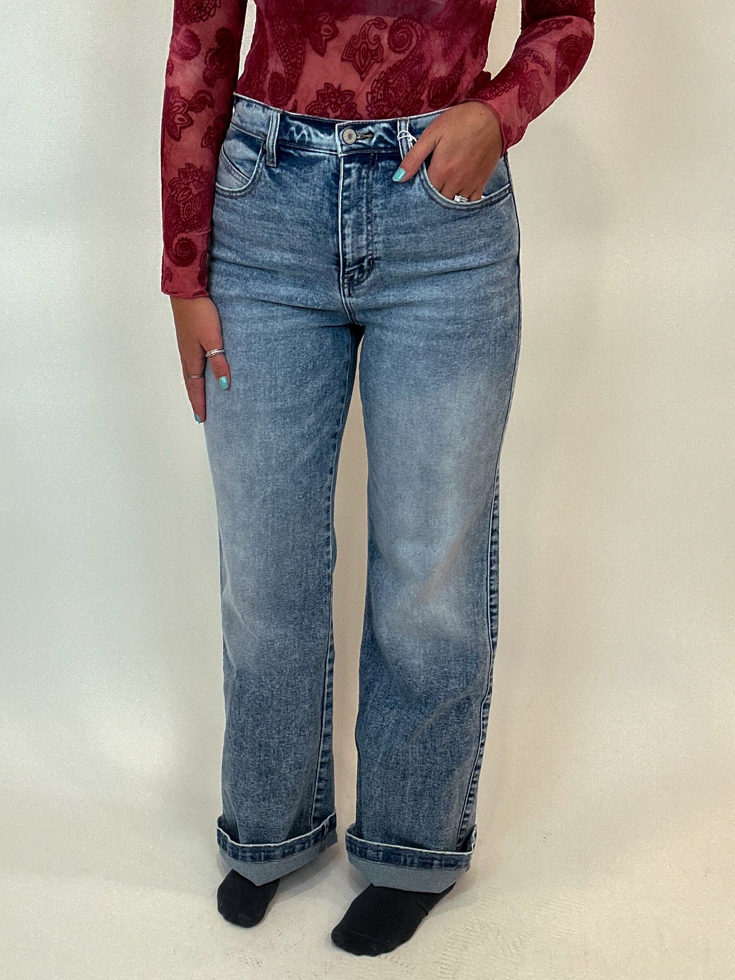 Washed Denim High Rise Flare