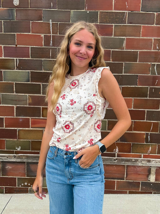 Floral Ruffle Sleeve Tank