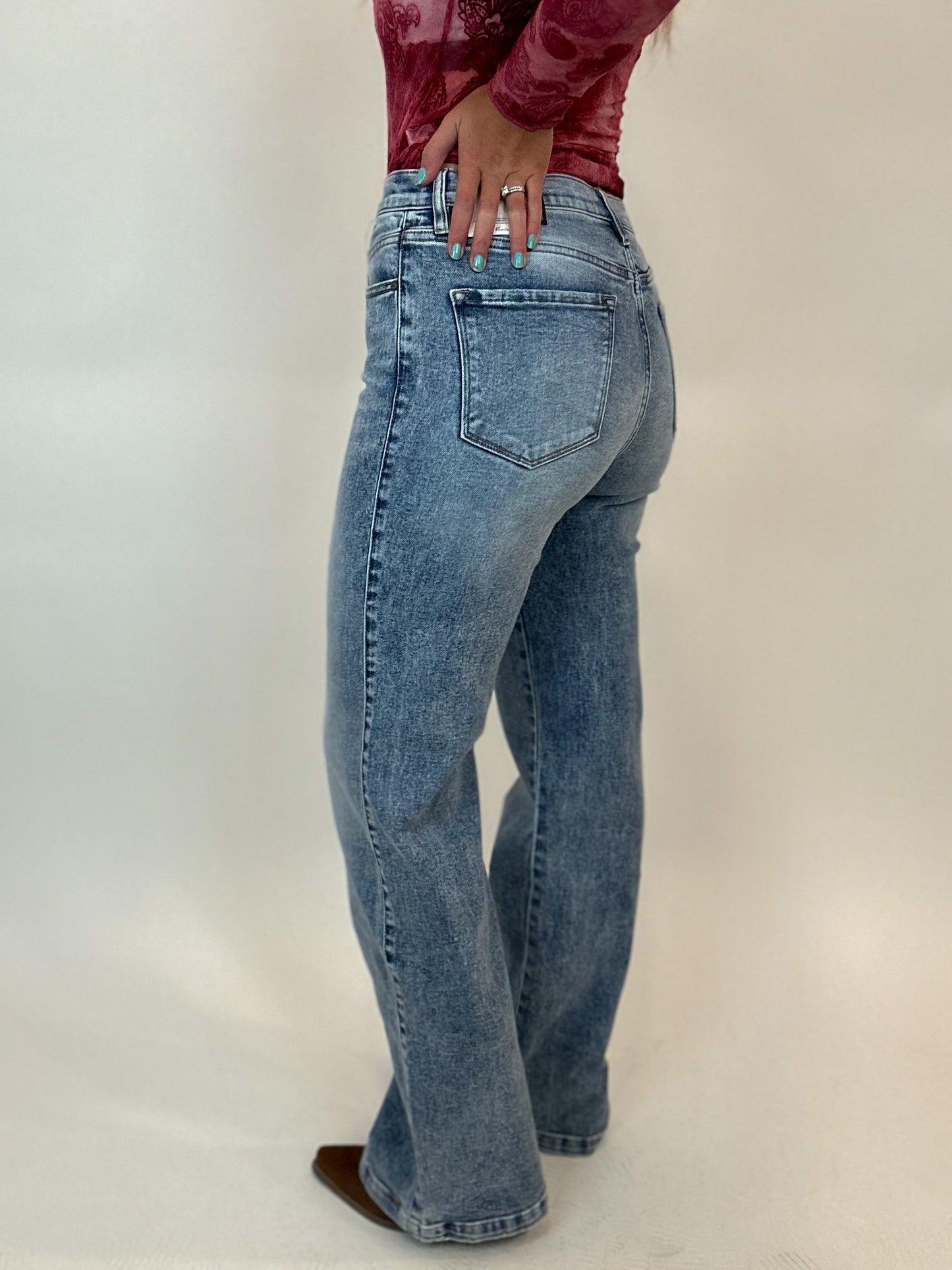 Washed Denim High Rise Flare