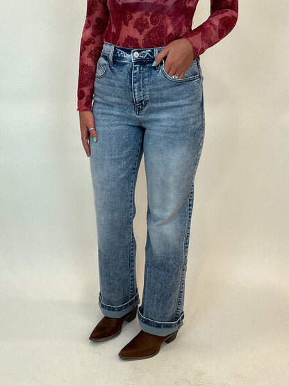 Washed Denim High Rise Flare