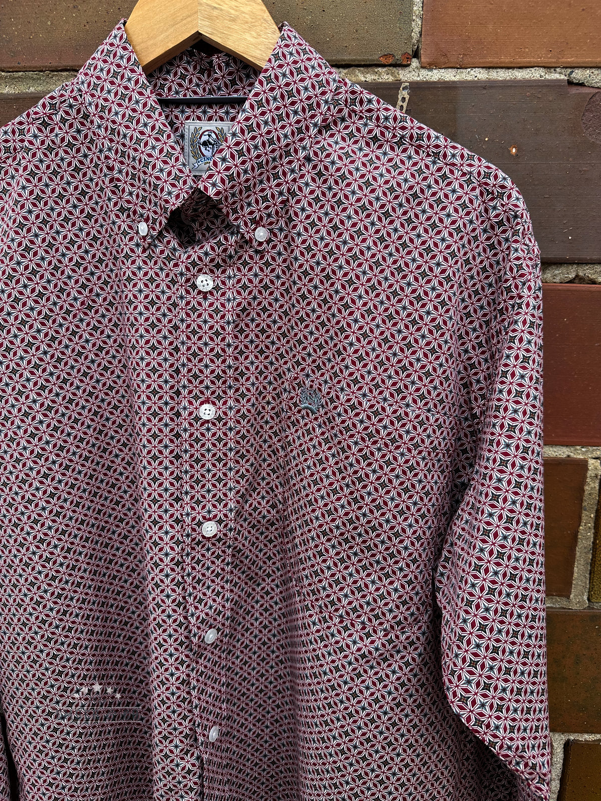 Men's Burgundy Star Print LS Button-Up
