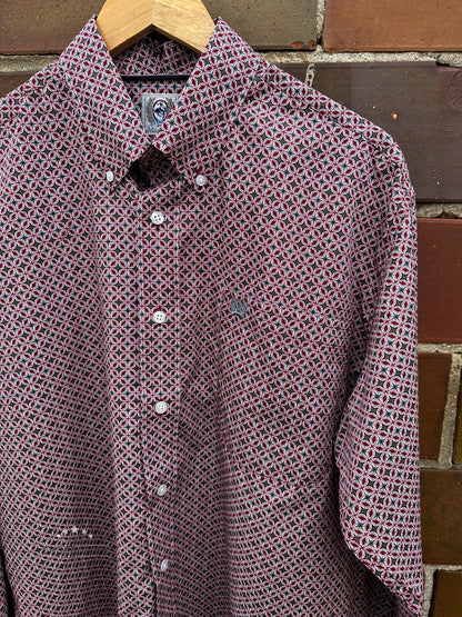 Men's Burgundy Star Print LS Button-Up