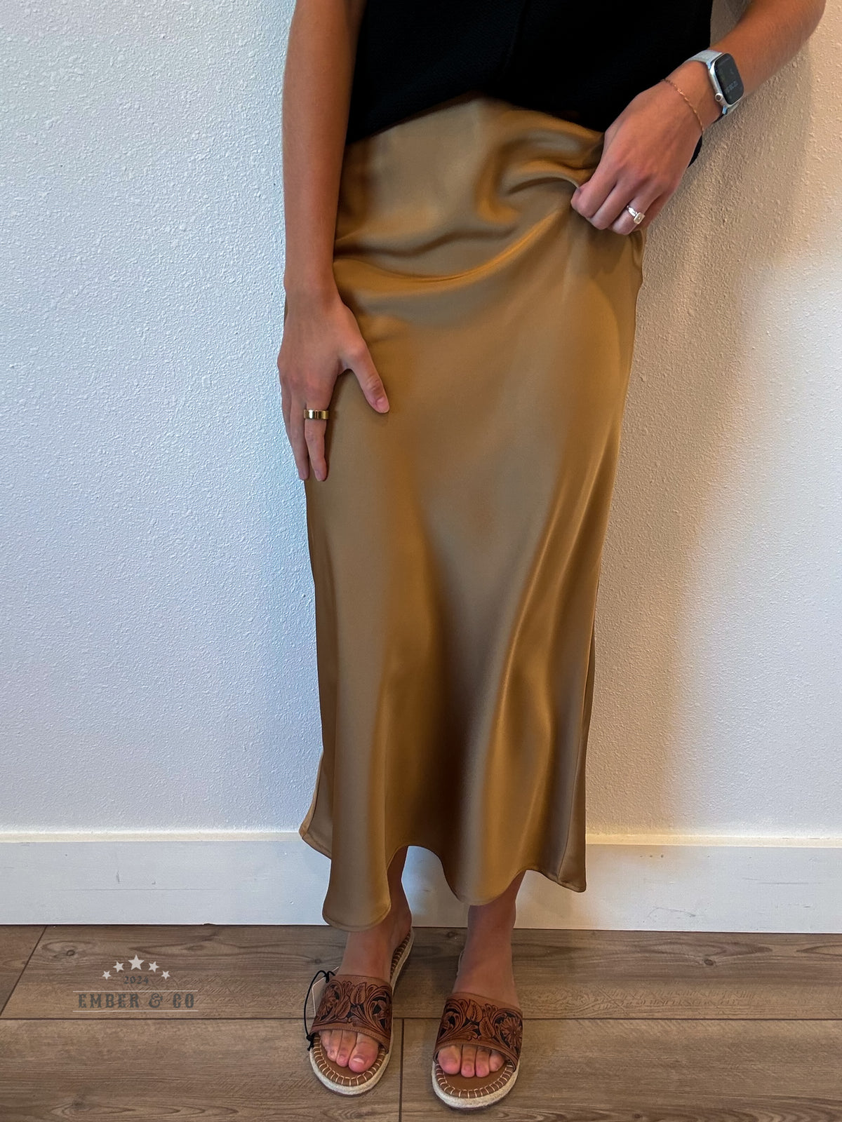 Caramel Satin Midi Skirt